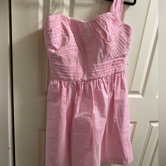NWT LILLY PULITZER ADDISON ONE SHOULDER SEERSUCKER DRESS PINK TROPICS size 12 - Picture 4 of 12